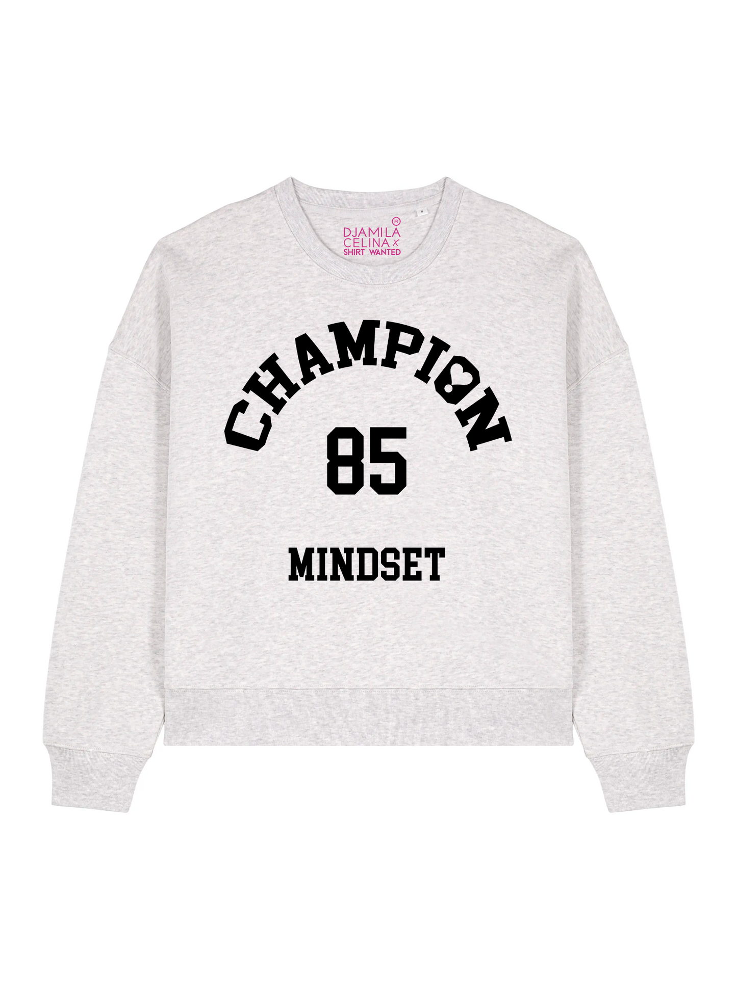 BOXY SWEATER DJAMILA CELINA CHAMPION PRINT BLACK – HEATHER GREY