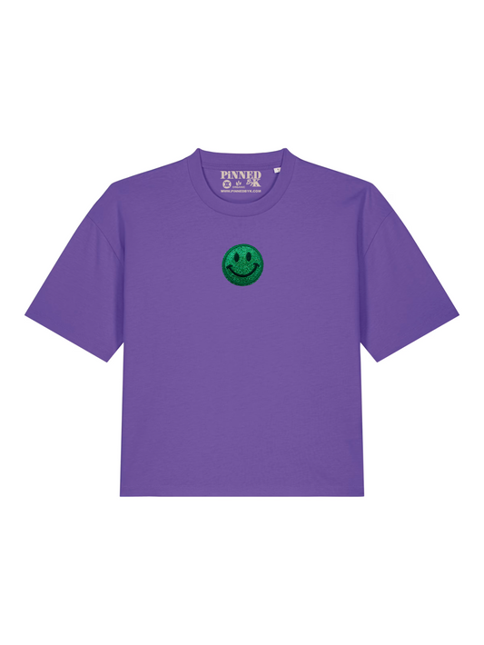 Boxy T-shirt 3D Smiley Green Glitter - Purple