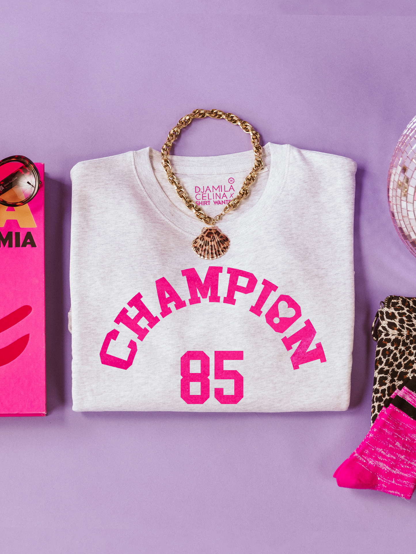 BOXY SWEATER DJAMILA CELINA CHAMPION NEON PINK VELVET – HEATHER GREY