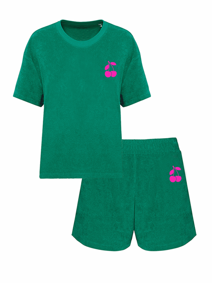 Set Badstof Cherry Mini Neon Pink Velvet - Green